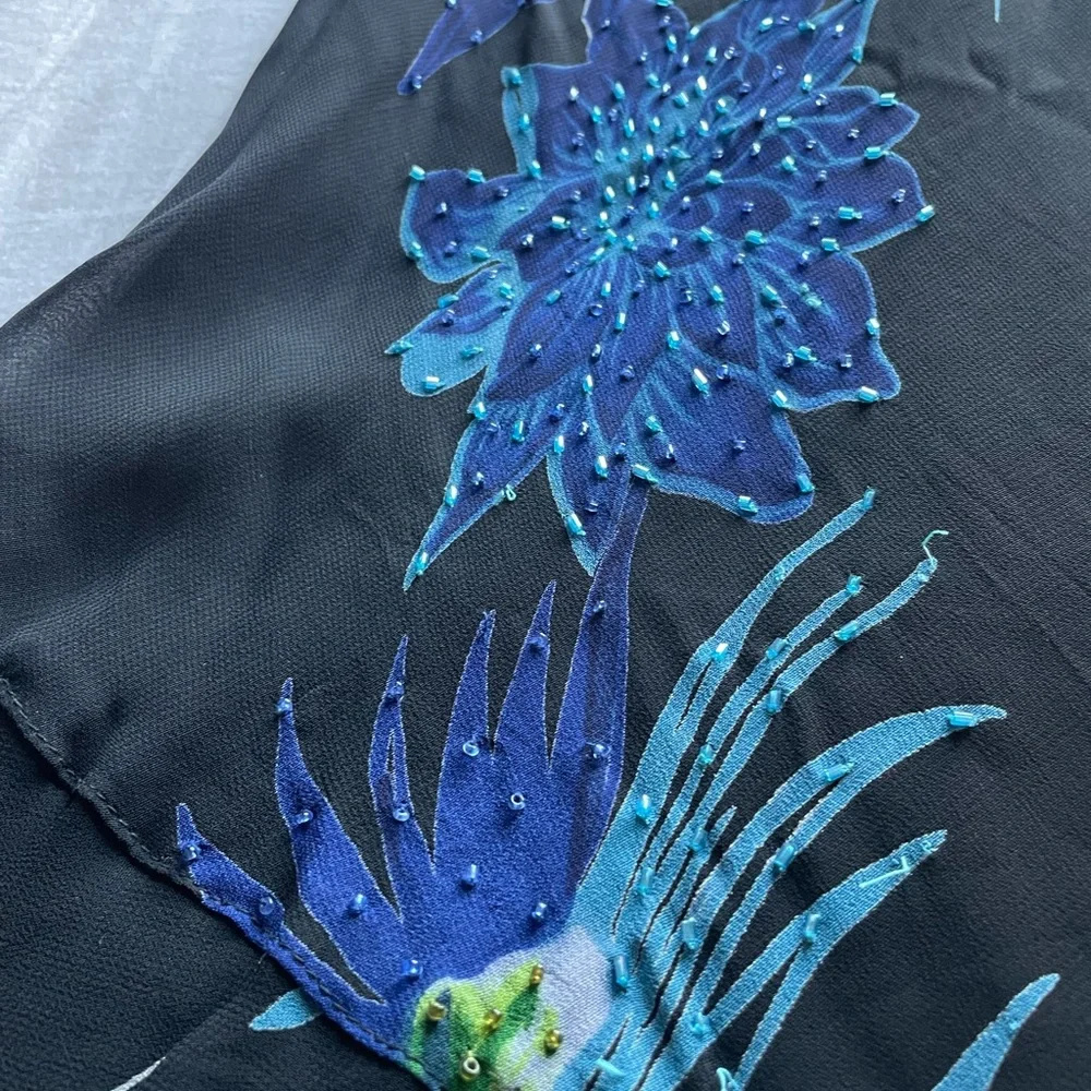 Vintage Eva Blue Dark Floral Beaded Cowl Neck Asymmetric Slip Dress 8 Fairycore - Picture 2 of 8